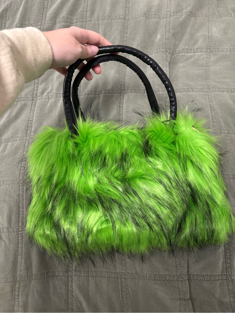 Green and Black Faux Fur Purse Tote Bag with Black Handles